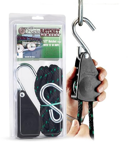 Rope Ratchet 10035 1/2 Tie Down Pulley - 15' Solid Braided Polypropylene Rope, 500lbs Weight Capacity
