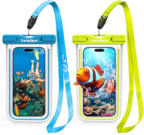 ivoler [IPX8 Certificado [2 Unidades] Funda Bolsa Móvil Impermeable Universal para Xiaomi, iPhone, Samsung Galaxy, Huawei, Smartphones, Monedas, Pasaporte, etc. (Azul+Verde)