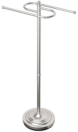 Gatco 1506, Modern Round Base Floor Standing S Style Towel Holder, Satin Nickel / 38 H Freestanding Hand Bath Towel Stand for Bathroom