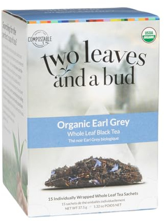 Two Leaves and a Bud Organic Earl Grey Tea Bags, Whole Leaf Caffeinated Black Tea in Compostable Sachets, 15 Count (Pack of 1)