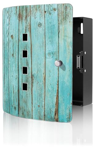 banjado Design Schlüsselkasten aus Edelstahl für 10 Schlüssel - Schlüsselschrank zur Schlüssel Aufbewahrung 24 x 21,5 x 7cm groß mit praktischem Magnetverschluss - Motiv Blaues Holz