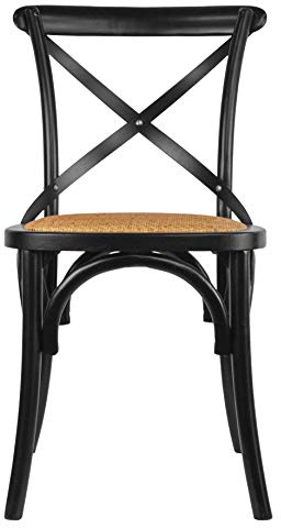 2xhome Wooden X Back Dining Chair | Woven Rattan Seat with Metal Cross Back | Rustic Farmhouse Kitchen Side Chair Fully Assembled, Black