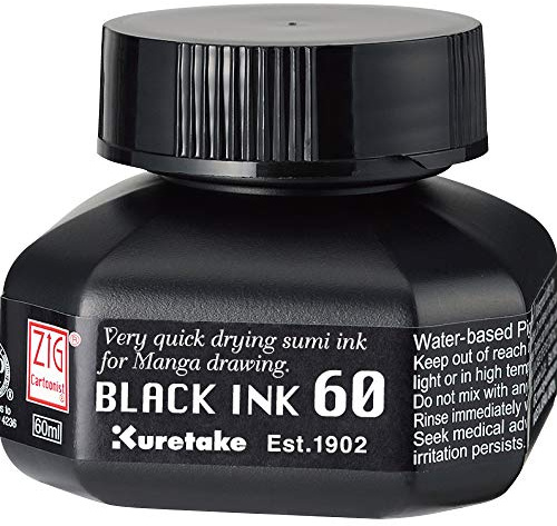 Kuretake Zig Cartoonist Black Ink 60ml, for dip Pen, Brush, Quick Dry, Drawing, Calligraphy, Illustration, Lettering, for Professional, Artists, Manga, Made in Japan