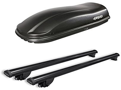 Farad JE99FI30+AZ03030035 - Box da Tetto Marlin 480 LT Nero + Barre PORTATUTTO in Acciaio per Auto con Railing O MANCORRENTI