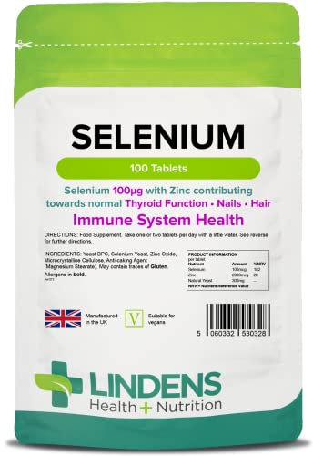 Lindens - Selenium 100mcg & Zinc - 100 Tablets - UK Made - Contributes to Healthy Skin, Nails & Hair, Promotes Immunity & Thyroid Function - Vegan Friendly, GMP & Letterbox Friendly