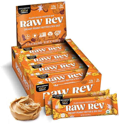 Raw Rev Vegan Protein Bars- Creamy Peanut Butter & Sea Salt, 12 bars, Non-GMO, Plastic-Neutral, Nothing Artificial, Glo Formula, Gluten-Free, Keto-Friendly, Paleo, Kosher, Soy-Free, No Sugar Alcohols, No Stevia.