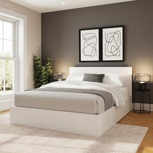 GFW Classic Side Lift Small Double White Faux Leather Ottoman Bed, Storage Bed with Hydraulic Lift and Stitched Headboard