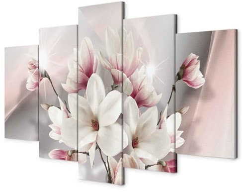 B&D XXL - Quadro Fiori Magnolia 200x100 cm 5 Pezzi - Stampa su Tela Strutturata XXL Grande - Quadri Moderni Componibili Camera da Letto Matrimoniale - Stampe da Parete Arte - Astratto b-A-0217-b-m