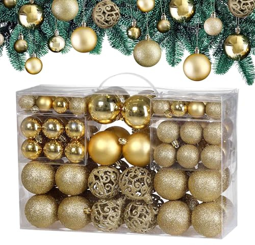 Lot de 100 Boules de Noël en Plastique Robuste Décoration de Noël intérieur extérieur Décoration pour Sapin Or