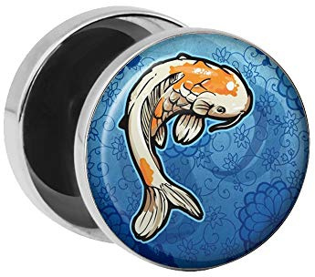 Treuheld | Ohrstecker zum Schrauben - KOI Fisch - gelb-grau - Motiv Fake-Plug Ø 10mm Silber - Edel-Stahl Ohr-Ringe - Chirurgen-Stahl 316L Fake-Tunnel - Gewinde Ohr-Stecker