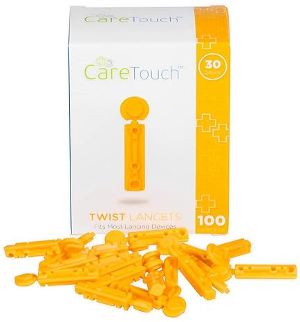 Care Touch Pack of 100, Twist Top Lancets 30 Gauge - Single Use Blood Sugar Lancets with Smooth Tri-Beveled Tip for Diabetes Testing - Disposable Glucose Lancet for Daily Blood Sugar Monitoring