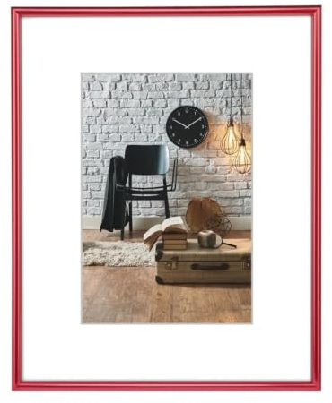 Hama Bilderrahmen Sevilla, DIN A4 (21 x 29,7 cm) mit Passepartout 15 x 20 cm, hochwertiges Glas, Kunststoff Rahmen, zum Aufhängen, rot