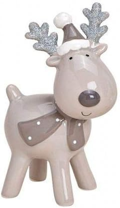 TEMPELWELT Deko Figur Elch Rentier 13 cm, Polystein braun weiß Silber, Dekofigur Elch Rentierfigur Winterfigur Winterdeko Weihnachtsdeko