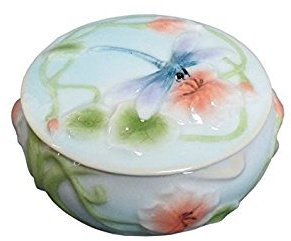 2.25 Inch Round Glazed Porcelain Trinket Box Poppy and Dragonfly Motif