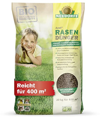 Neudorff Azet RasenDünger – Bio Rasendünger für 400 m² sorgt für eine dichte, grüne und strapazierfähige Rasenfläche mit 6 Monaten Langzeitwirkung, 20 kg