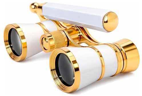 HQRP Opernglas/Theaterglas 3x25 Weißer Perlmutt mit Goldener Zierleisten mit Ausziehbarem Griff