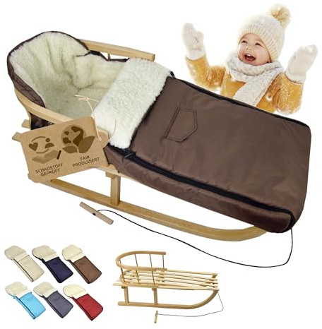 Kombi-Angebot Holz-Schlitten mit Rückenlehne & Zugseil + universaler Winterfußsack (108cm), auch geeignet für Babyschale, Kinderwagen, Buggy, aus Wolle Uni (braun)