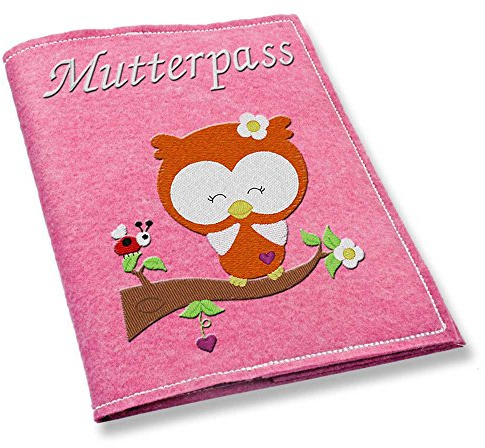 Mutterpass Mutterpasshülle Filz Eule bestickt Farbwahl schwarz weiß grau rot blau lila pink Handarbeit (rosa)