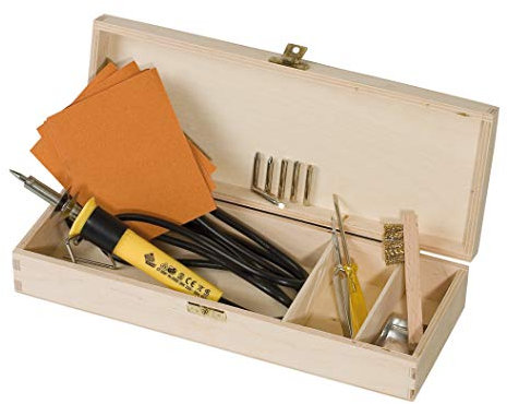Pebaro 0285 Brandmal Bastel Set in schöner Holzbox: Brandmalkolben, 3 Brennspitzen, 5 Brennstempel, Brandmalerei, Pyrographie, Holzbrennen, Schreiben, Zeichnen, Brennen auf Holz, Leder, Kork etc.