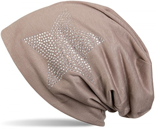 styleBREAKER Damen Beanie Strass Stern Baumwollmix 59cm | Slouch Design. Glitzer Applikation. Bundweite 26cm. Höhe 26cm. elastisch. weiche Haptik. Einheitsgröße.