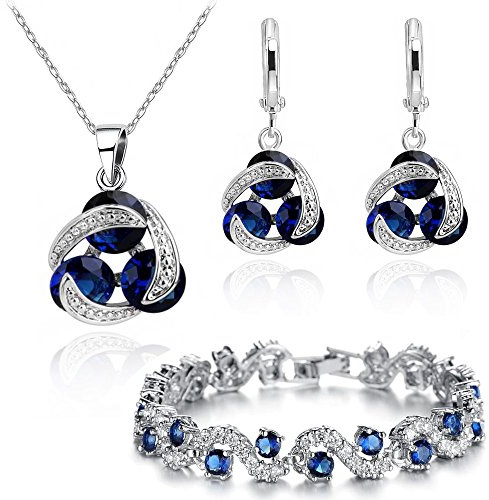Crystalline Azuria Mujer 18ct Chapado en Oro Blanco Zafiro simulado Azul Redondo Zirconia Juego de joyas Collar Pendientes Pulsera