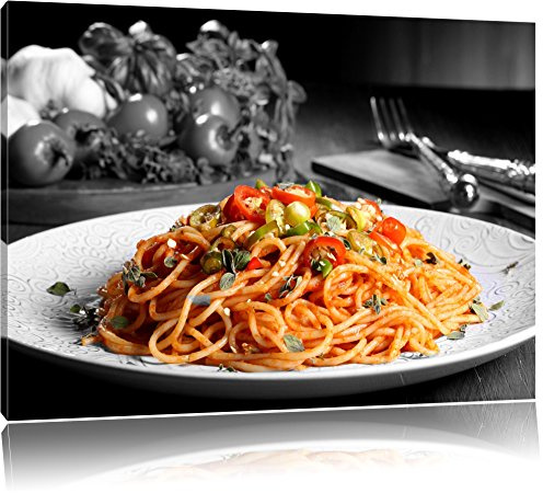 Pixxprint schmackhafte Spaghetti Italia B&W, Größe: 60x40cm, Leinwandbild, fertig gespannt, Wandbild, Dekoration, Kunstdruck, kein Poster