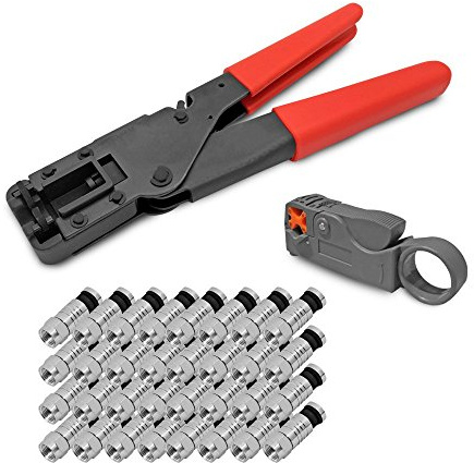 ARLI Kompressionszange + Abisolierer + 100x F-Kompressionsstecker 7 – 7,5 mm | Crimpzange & Abisolierwerkzeug für SAT TV Koaxkabel RG6 wetterfest
