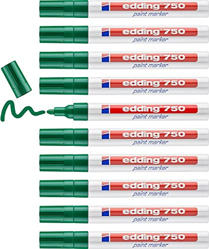 edding 750 Lackmarker - grün - 10 Stifte - Rundspitze 2-4 mm - Lackstift zur Markierung und Beschriftung von Metall, Glas, Stein oder Kunststoff - hitzebeständig, permanent, wischfest