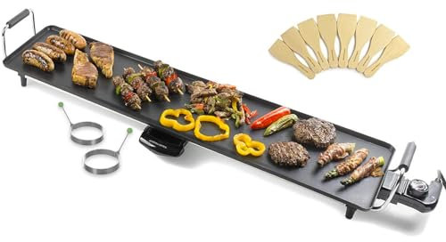 Andrew James Teppanyaki Electric Grill Plate & 2 Egg Rings | XXL Non-Stick Tabletop Griddle with 88cm x 23cm Hot Plate & Adjustable Temperature | Includes 8 Wooden Spatula