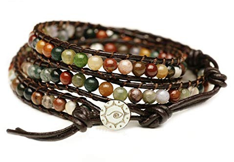 BLUEYES COLLECTION Hot Mix Color India Agate Stainless Steel Snap Button Lock Genuine Leather Bracelet