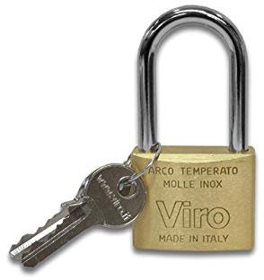 Viro | Lucchetto Rettangolare Antiscasso in Ottone Massiccio Satinato, Base 40mm, Arco 40mm in Acciaio Cementato, Resistente
