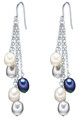 Valero Pearls Damen Perlenohrhänger aus 925/- Sterling Silber rhodiniert | Süßwasser-Zuchtperlen,Perlengröße 5-6 mm,Weiß,Grau,Pfauenblau,Silberohrhänger,Ohrhänger,Perlenschmuck,echte Perlen