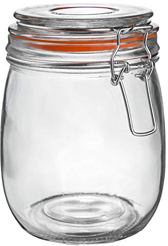 Argon Tableware Glass Jar with Airtight Metal Clip Lid - 750ml/26.4oz - 1 Pack - 4 Colour Seals - Medium Kitchen Storage Container Round Preserving Jar for Pickling, Chutney, Jam, Coffee