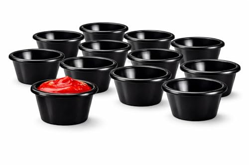 bar@drinkstuff Black Melamine Ramekins – Pack of 12, 4 oz / 12 cl Sauce Pots, Durable Lightweight Serving Dishes, Dishwasher Safe, Perfect for Dips, Condiments & Desserts