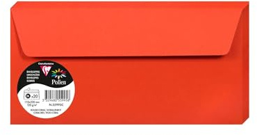 Clairefontaine 55995C - Pacco da 20 Buste autoadesive - Formato DL (11x22cm) - 120g/m² - Colore rosso corallo - Inviti Eventi e Corrispondenza - Gamma Pollen - Carta Premium Liscia