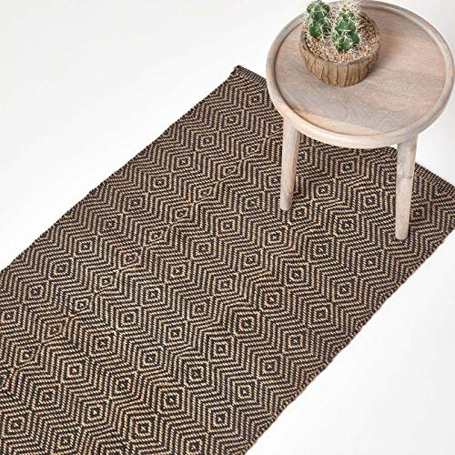 HOMESCAPES Moderna Jute Floor Runner Rug Black and Natural Diamond Geometric Aztec Design 66 x 200 cm Heavy Duty Suitable for Halls, Living Rooms or Conservatories