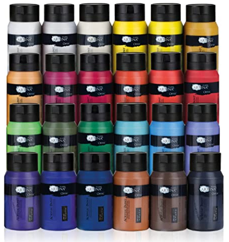 Artina Kit de 24 peintures acryliques 500 ml Crylic – Séchage rapide 24x500 ml Peintures acryliques -Couleurs de base, étanche à l’eau et haute pigmentation