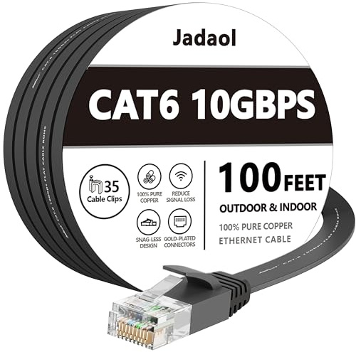 Jadaol Cat 6 Flat Ethernet Cable 100 ft Black with Cable Clips – Slim Long Network Cable– Fast Ethernet Patch Cable– with Snagless Rj45 Connectors – 100 feet Black (30 Meters) | 1FT 3FT 5FT 10FT 15FT 20FT 25FT 30FT 35FT 50FT 60FT 75FT 100FT 150FT 200FT LAN Patch Cable for Router, Modem, Switch, Gaming