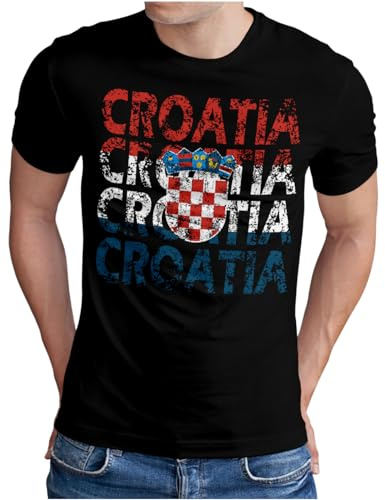 OM3® Croatia T-shirt | Män | Kroatien lagtröja Hrvatska flagga fotboll EM fanshirt I | S – 5XL, svart, S