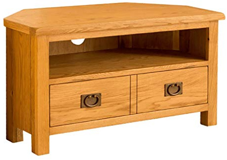 RoselandFurniture Lanner Oak 90cm Corner TV Unit for Living Room | Fully Assembled, Television Cabinet Storage, Waxed Solid Wood Finish, Suitable for 40 Inch Screen, Rustic Style
