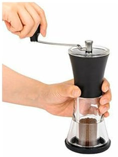 Kyocera Kaffeemühle mit Keramikmahlwerk |Kaffeemühle manuell mit Kurbel, Für Kaffeebohnen, Fein bis grob, Abnehmbarer Deckel, Acryl/Schwarz, H: 19,5 cm, 8,2 x 16 x 21,9 cm, Kaffeemühle Hand
