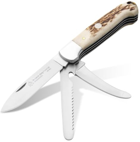 PUMA IP – La Caza Stag I - Jagdtaschenmesser - 84mm Droppoint-Klinge aus Molybdän-Vanadium Stahl (56-58 HRC) - Mit Aufbrechklinge & Säge - Hirschhornschalen - Back-Lock (Art.Nr.: 810128)