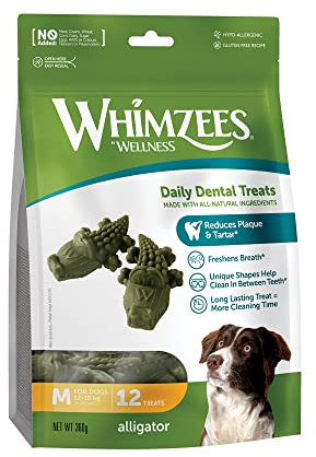 WHIMZEES Krokodil, Kaustangen für mittelgroße Hunde, Hundesnack zur Zahnpflege, Größe M, 12 Stück, ohne Zuckerzusatz, getreidefrei, natürlich, fettarm