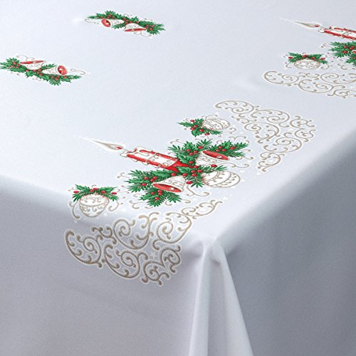 MforStyle Weihnachts-Tischdecke weiß mit Weihnachtskerzen-Motiv in rot, Gold und grün, rechteckig., Polyester, weiß, 57 x 87 (145cm x 220cm)