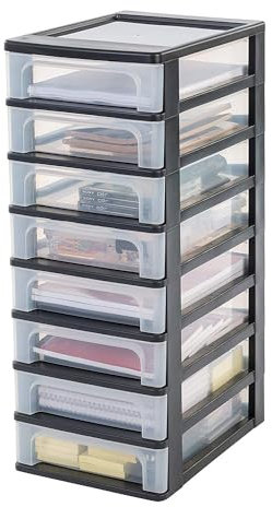 Iris Ohyama, Kunststoff Schubladenbox mit 8 flachen Schubladen, Schwarz, Easy-Pull-System, A4, A5 & A6 Format, Schreibtisch Organizer für Büro, Schreibwaren, BPA-frei, Schubladenschrank, OCH-2080