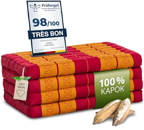 livasia Nachhaltige Klappmatratze aus Kapok - 200x80x8cm - Gästematratze, Faltbare Matratze für Van, ökologische Yogamatte, klappbares Gästebett, Liege für Garten und Balkon (Rot/Gelb)