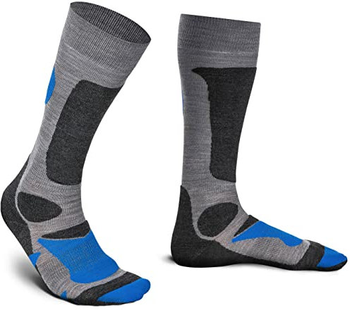 Piarini 2 Paar Unisex Skisocken Skistrumpf Herren Damen Wintersport Snowboard atmungsaktive Knie-Strümpfe Grau-Blau Gr.43-46