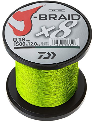 Daiwa J- Braid X8, Chartreuse, 0.18mm, 12.0kg / 26.5lbs, 1500m, Rund Geflochtene Angelschnur, 12750-218