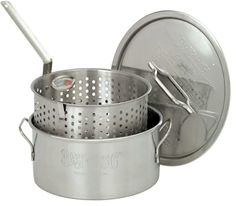 Bayou Classic 1101 10-qt Stainless Steel Fry Pot Perfect For Frying Fish Shrimp Chicken Hushpuppies and Fries Includes Stainless Steel Perforated Basket 5-in Frying Thermometer and Stainless Lid