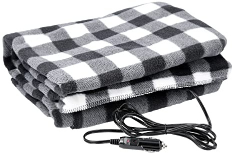 Heated Car Blanket - 12V Electric Travel Blanket for Car, Truck, SUV or RV - Portable Heated Throw for Road Trips, Camping or Winter Emergency Kit for Cold Weather Travel by Stalwart (Black Plaid)